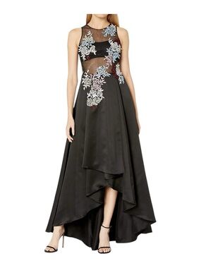 Betsy & Adam Embroidered Floral Hi Low Illusion Black Gown Dress 2 Prom Formal
